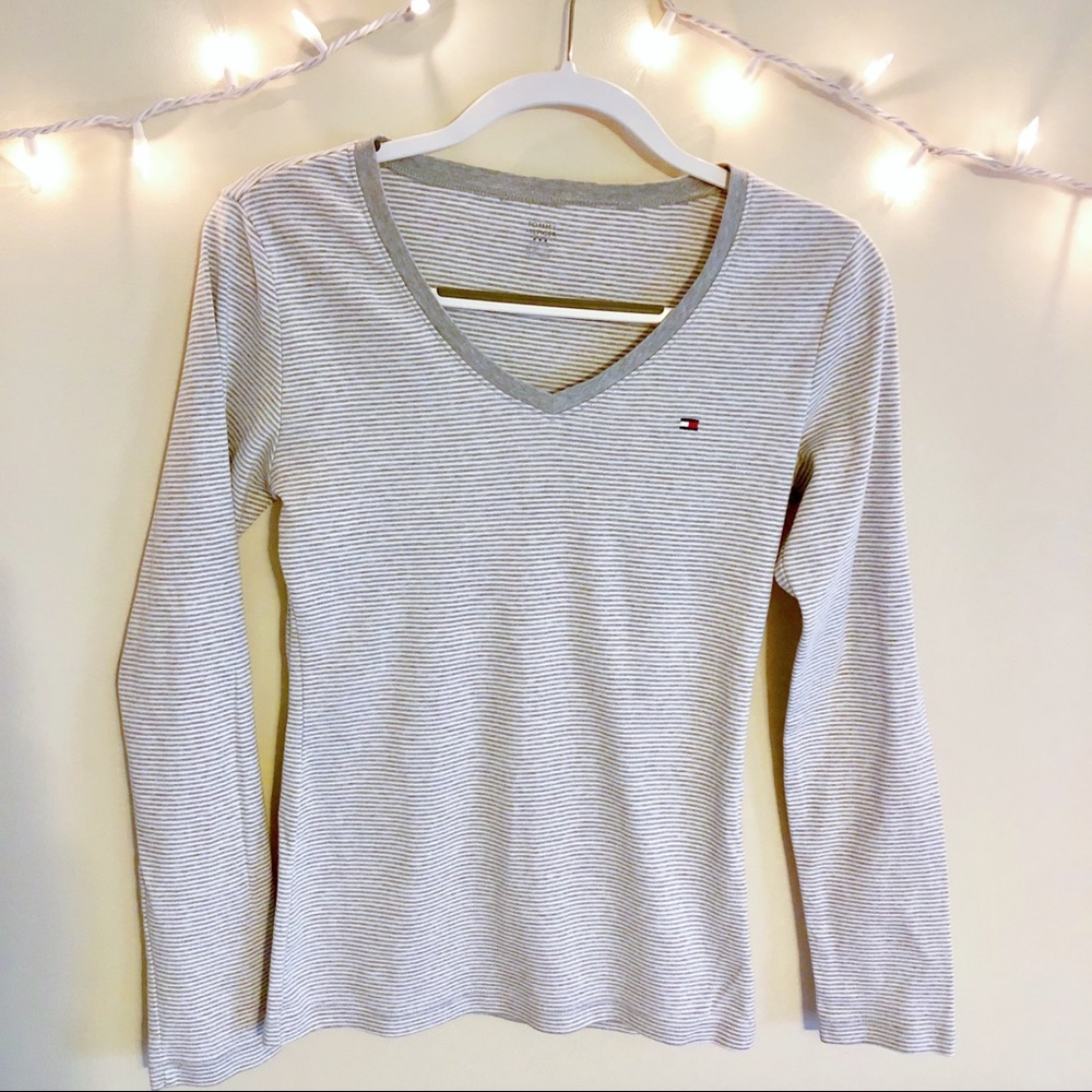 Tommy Hilfiger | Grey Striped Long Sleeve Logo Top